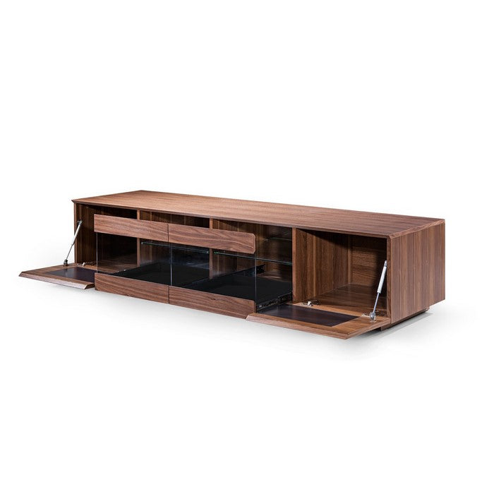 Wooden TV Stand with 2 Pull Down Doors and 2 Pull Out Drawers, Brown