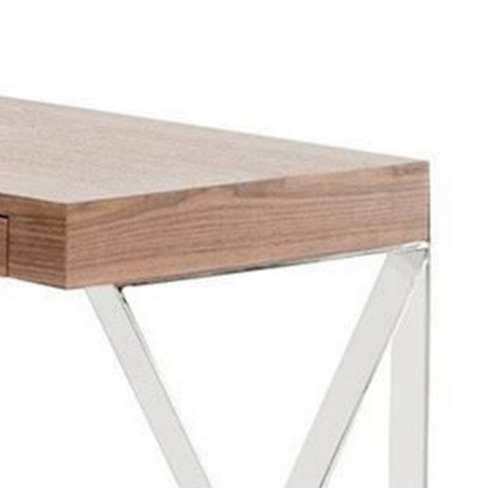 Wooden Frame Office Desk with 2 Drawers and Arrow Shape Metal Legs, Brown