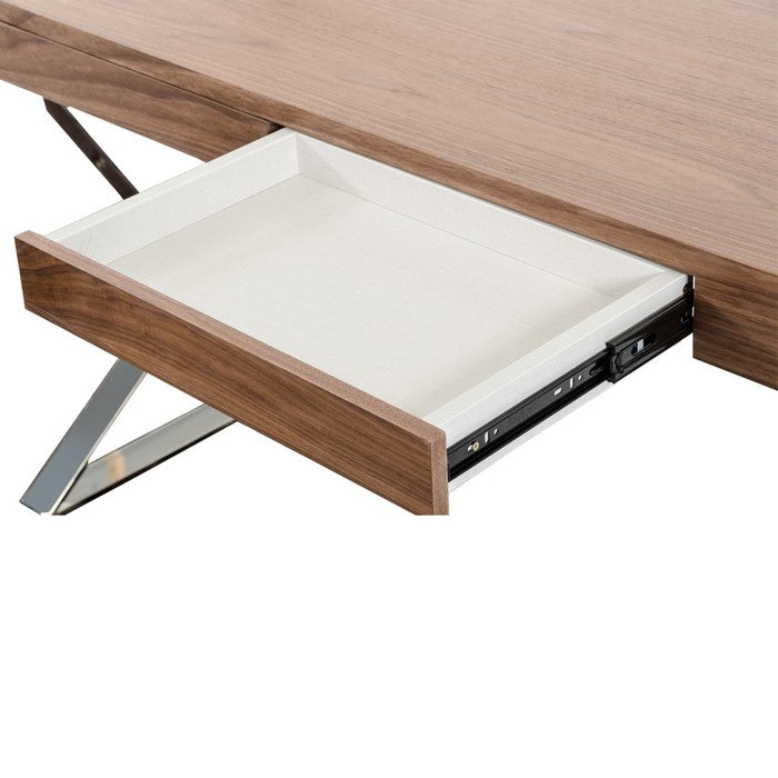Wooden Frame Office Desk with 2 Drawers and Arrow Shape Metal Legs, Brown