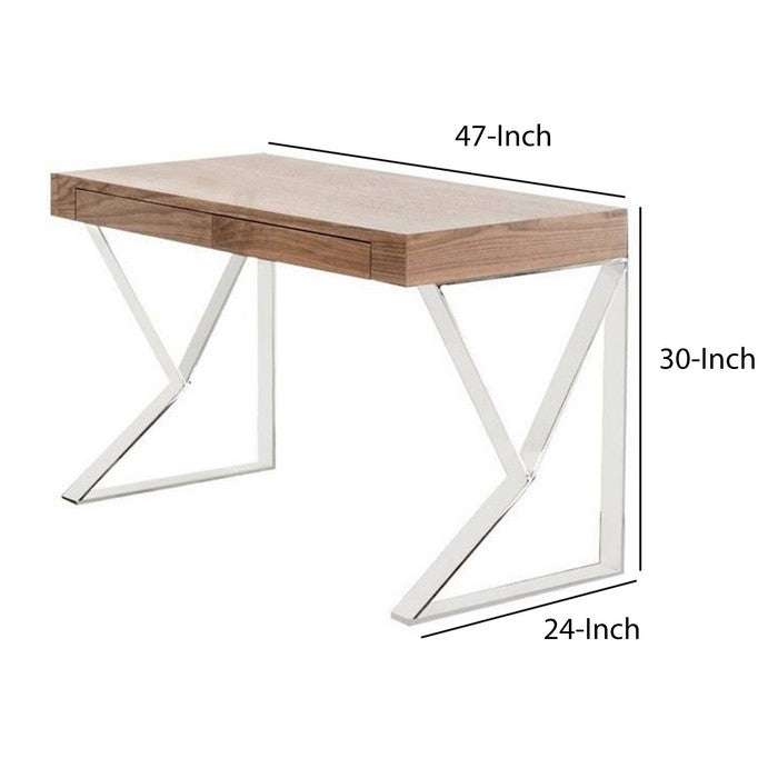 Wooden Frame Office Desk with 2 Drawers and Arrow Shape Metal Legs, Brown