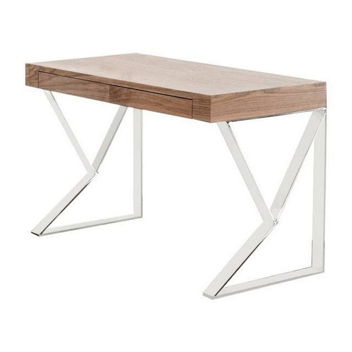 Wooden Frame Office Desk with 2 Drawers and Arrow Shape Metal Legs, Brown