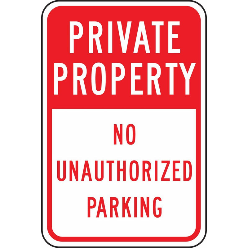 Accuform Signs FRP296RA Engineer-Grade Reflective Aluminum Parking Sign, Legend PRIVATE PROPERTY NO UNAUTHORIZED PARKING, 18" Length x 12" Width x 0.080" Thickness, Red on White