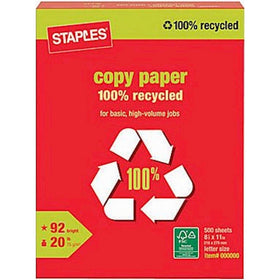 Staples 100% Recycled Copy Fax Laser Inkjet Printer Paper, 500 Sheets, Bright White