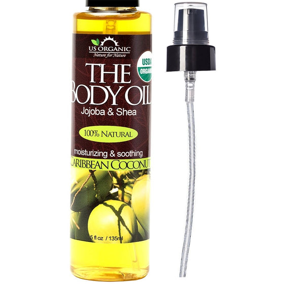 US Organic Body Oil-Blend of Jojoba and Olive Oil with fragrance of Smooth Caribbean Coconut-Vitamin E, USDA Certified, No Alcohol, Paraben, Artificial Detergents, Color or Synthetic perfumes, 5 Fl.oz