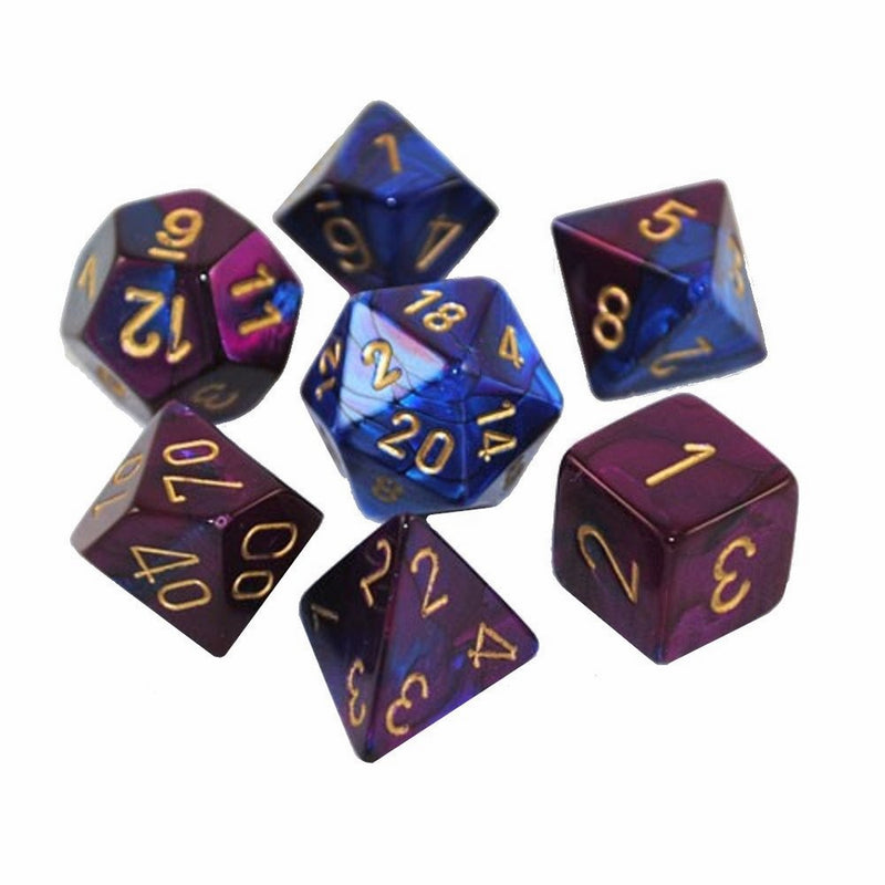 Chessex Manufacturing Cube Gemini Set Of 7 Dice - Blue & Purple With Gold Numbering CHX-26428