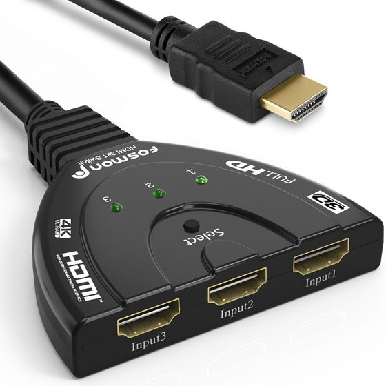 Fosmon HD8061 3-Port 4K High Speed HDMI Switch Splitter with Pigtail Cable, 3 In 1 Out, Supports Full HD 1080p 3D