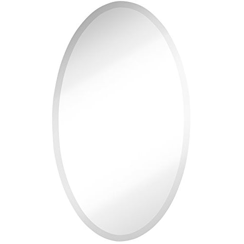 Large Simple Round Streamlined 1 Inch Beveled Oval Wall Mirror | Premium Silver Backed Rounded Mirrored Glass Panel | Vanity, Bedroom, or Bathroom | Frameless Hangs Horizontal or Vertical (24" x 36")