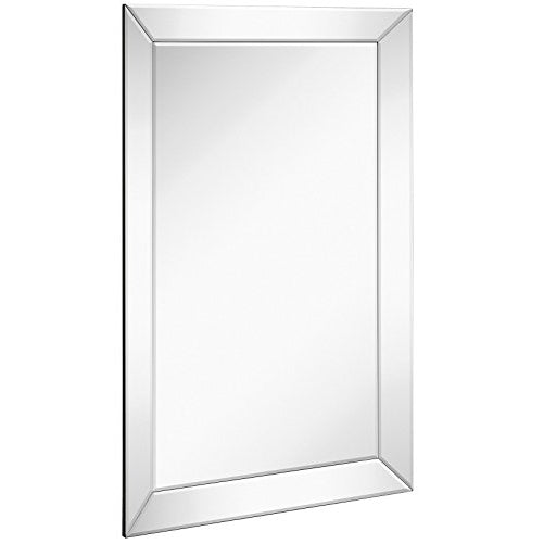 Large Framed Wall Mirror with Angled Beveled Mirror Frame | Premium Silver Backed Glass Panel Vanity, Bedroom, or Bathroom | Luxury Mirrored Rectangle Hangs Horizontal or Vertical (24" x 36")