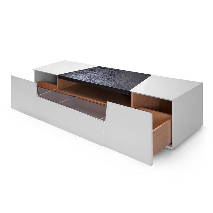Wooden TV Stand with 1 Pull Out Drawer and Floating Plinth Base, White