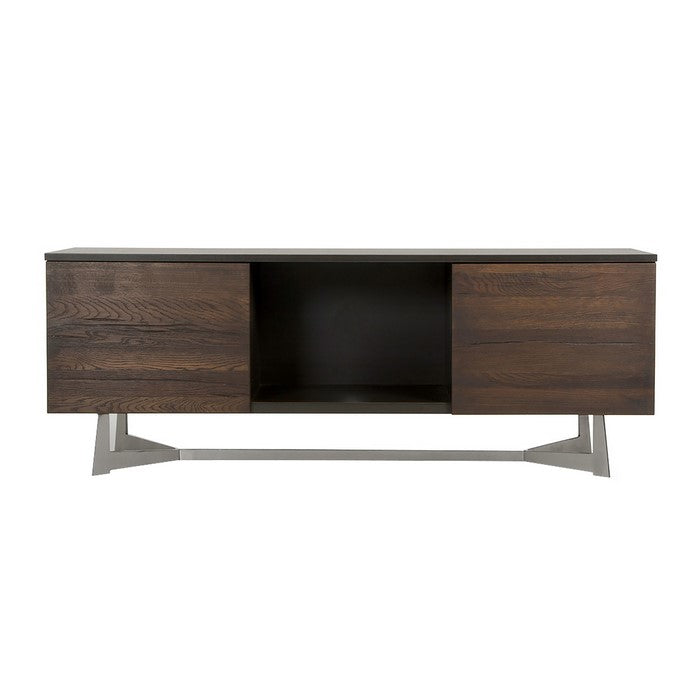 Wooden TV Stand with 2 Push Door Cabinets and 1 Open Shelf, Brown