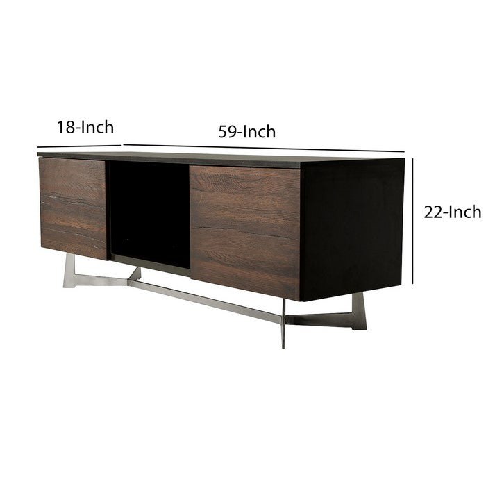 Wooden TV Stand with 2 Push Door Cabinets and 1 Open Shelf, Brown