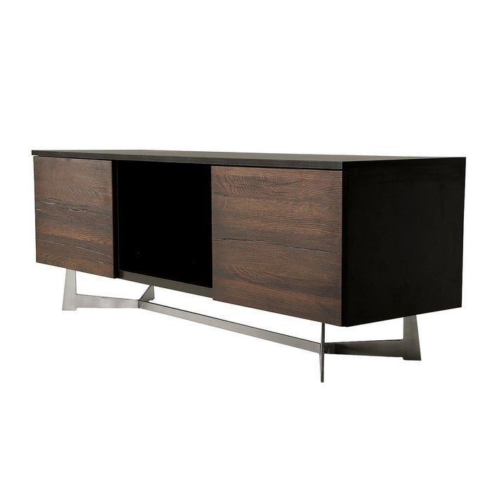 Wooden TV Stand with 2 Push Door Cabinets and 1 Open Shelf, Brown