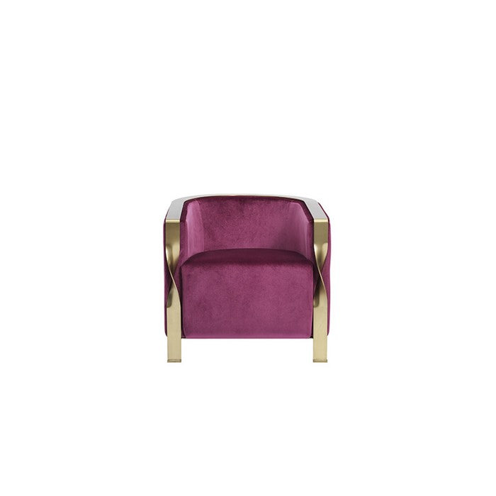 Fabric Upholstered Lounge Chair with Twisted Metal Trim, Purple and Gold