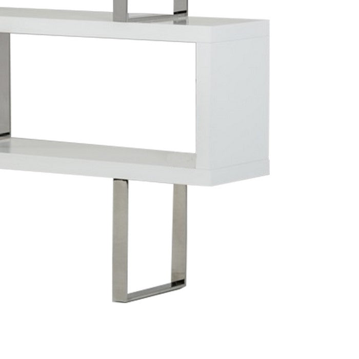 Zig Zag Wooden Frame Shelf Unit with Metal Braces Support, White and Silver