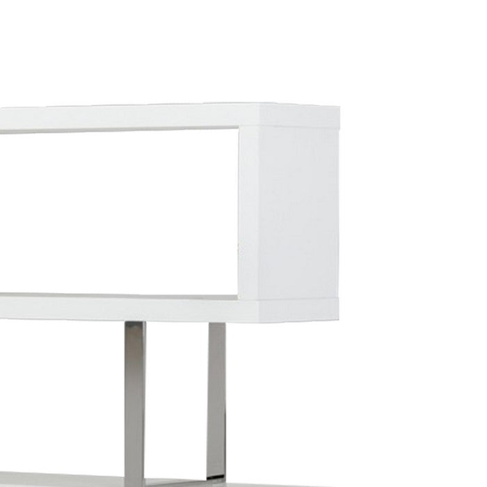 Zig Zag Wooden Frame Shelf Unit with Metal Braces Support, White and Silver