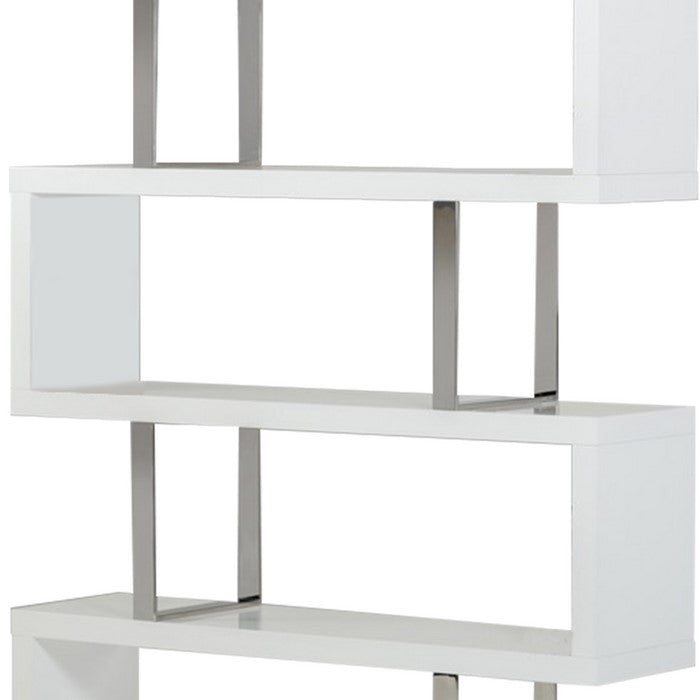 Zig Zag Wooden Frame Shelf Unit with Metal Braces Support, White and Silver