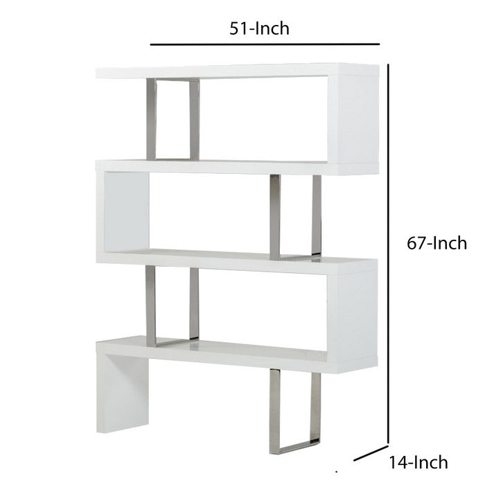 Zig Zag Wooden Frame Shelf Unit with Metal Braces Support, White and Silver