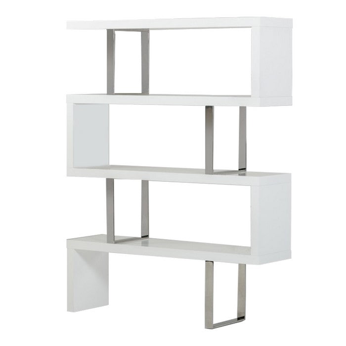 Zig Zag Wooden Frame Shelf Unit with Metal Braces Support, White and Silver