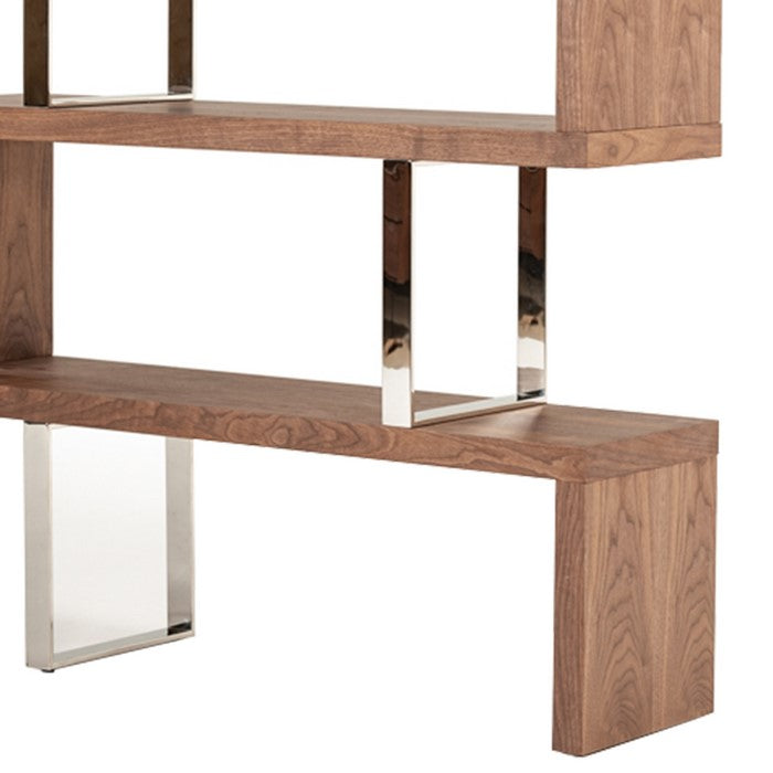 Zig Zag Wooden Frame Shelf Unit with Metal Braces Support, Brown and Silver