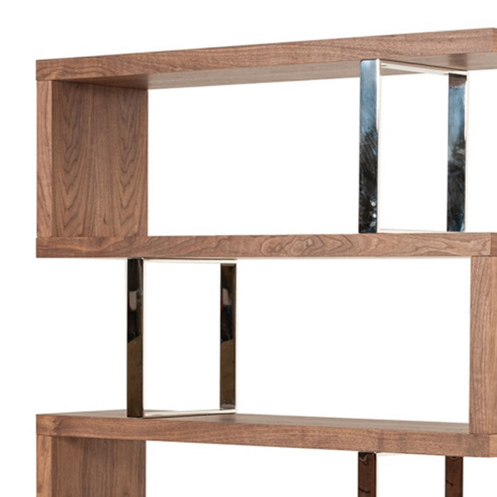 Zig Zag Wooden Frame Shelf Unit with Metal Braces Support, Brown and Silver