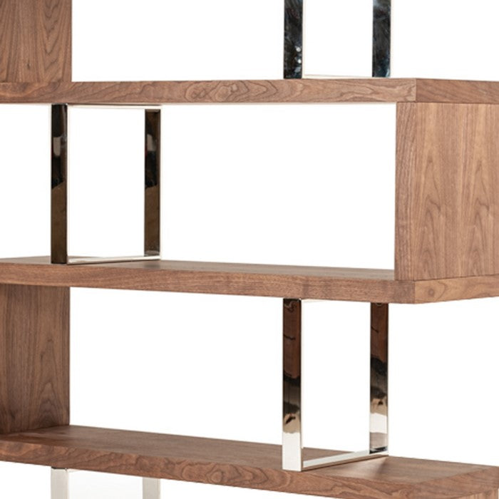Zig Zag Wooden Frame Shelf Unit with Metal Braces Support, Brown and Silver