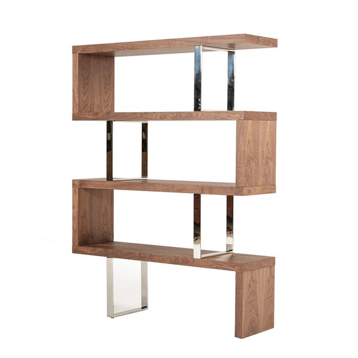 Zig Zag Wooden Frame Shelf Unit with Metal Braces Support, Brown and Silver