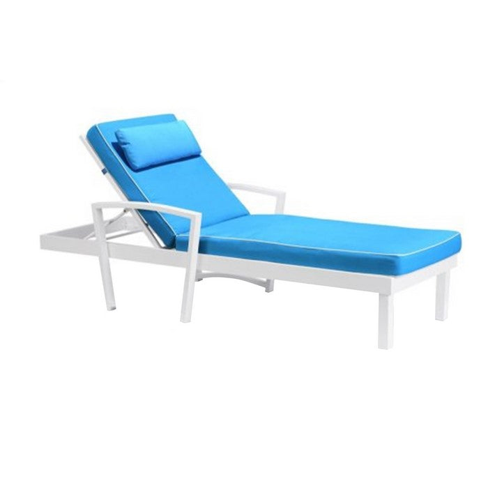 Fabric Upholstered Metal Frame Sun Bed with End Table, Blue and White