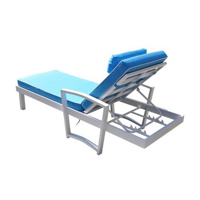 Fabric Upholstered Metal Frame Sun Bed with End Table, Blue and White