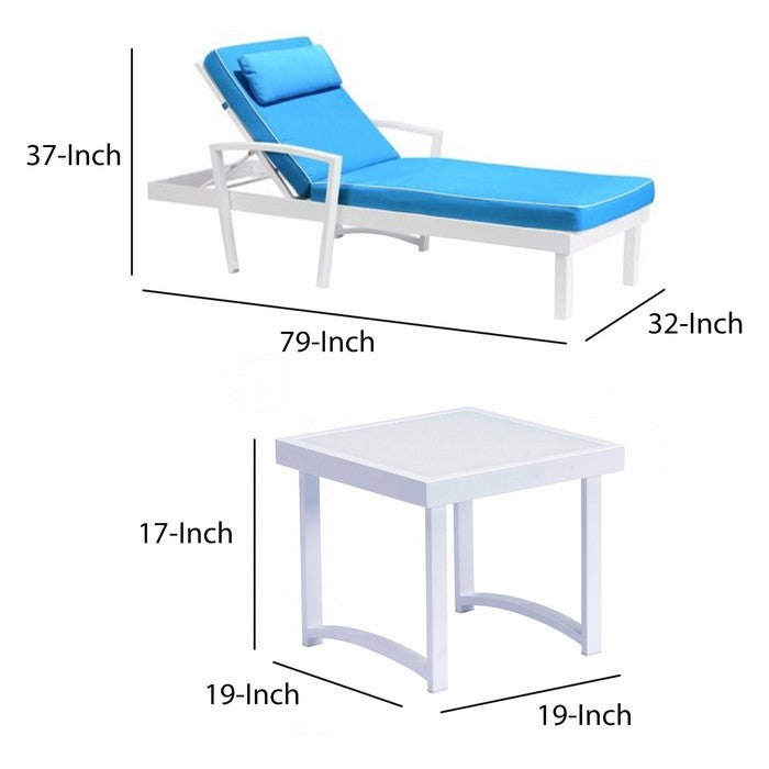 Fabric Upholstered Metal Frame Sun Bed with End Table, Blue and White