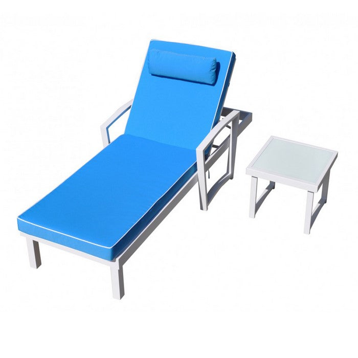 Fabric Upholstered Metal Frame Sun Bed with End Table, Blue and White