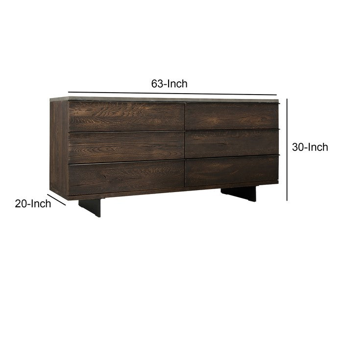 Wooden Frame Dresser with 6 Drawers with Metal Legs, Dark Brown