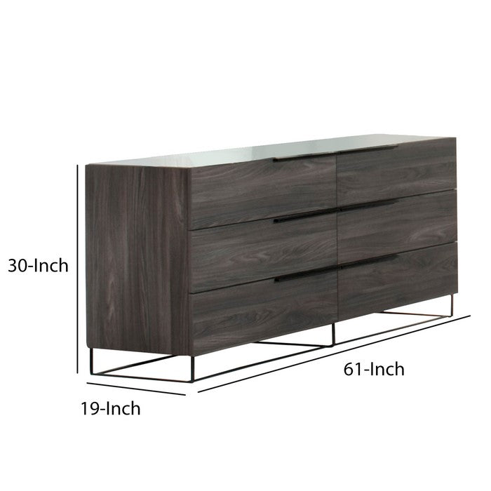Wooden Frame Dresser with 6 Drawers with Metal Legs, Gray