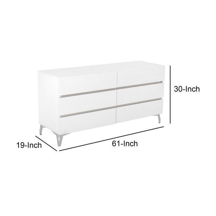 Wooden Frame Dresser with 6 Drawers and Metal Legs, White