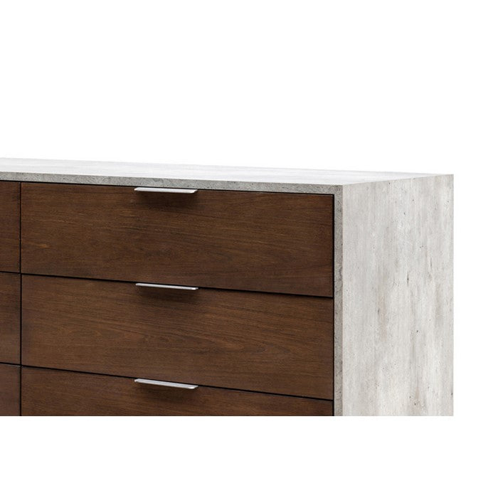 Wooden and Faux Concrete Dresser with 6 Drawers, Brown and Antique White