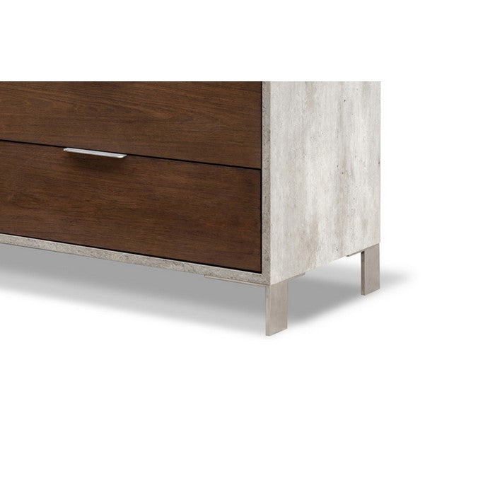 Wooden and Faux Concrete Dresser with 6 Drawers, Brown and Antique White