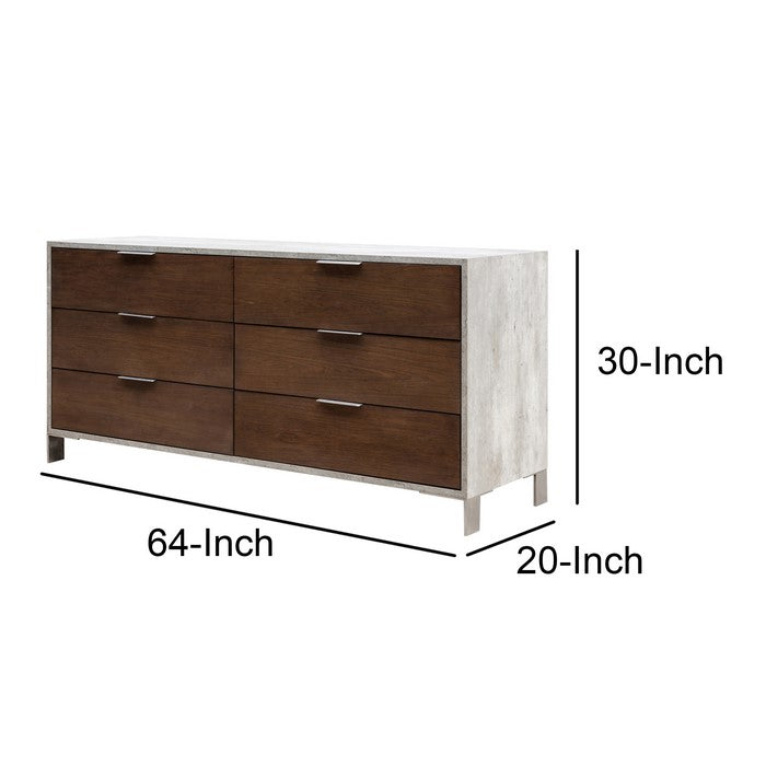 Wooden and Faux Concrete Dresser with 6 Drawers, Brown and Antique White
