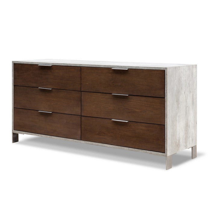 Wooden and Faux Concrete Dresser with 6 Drawers, Brown and Antique White