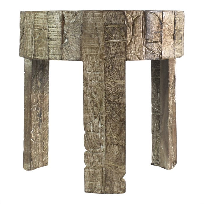 Wooden Hand Engraved 3 Legged Round Side Table with Marble Top, Brown