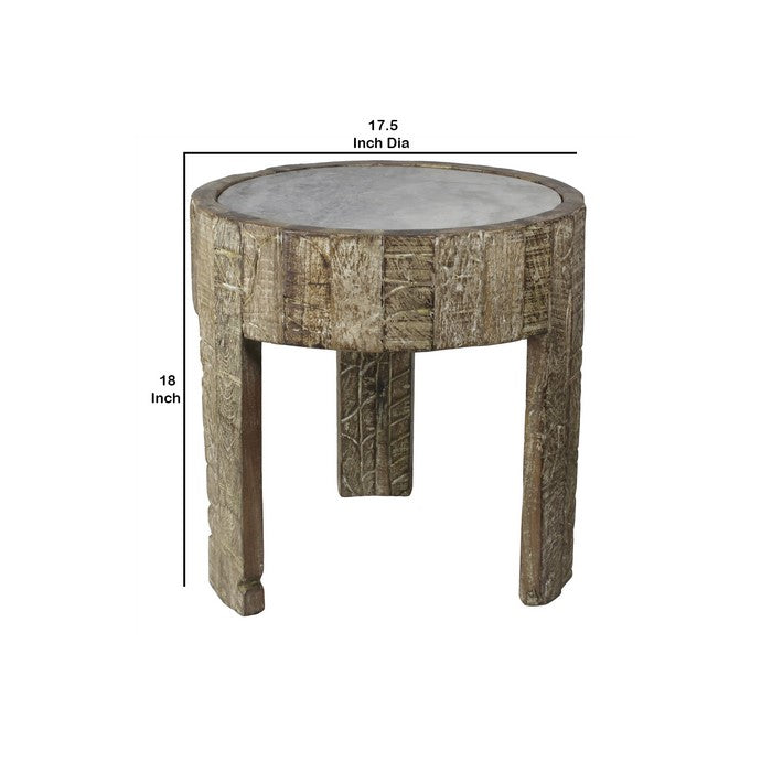 Wooden Hand Engraved 3 Legged Round Side Table with Marble Top, Brown
