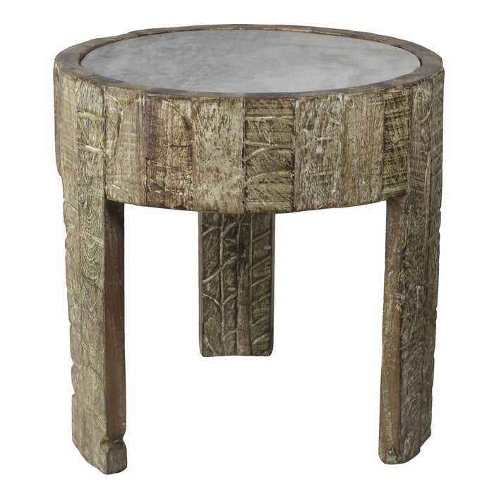 Wooden Hand Engraved 3 Legged Round Side Table with Marble Top, Brown