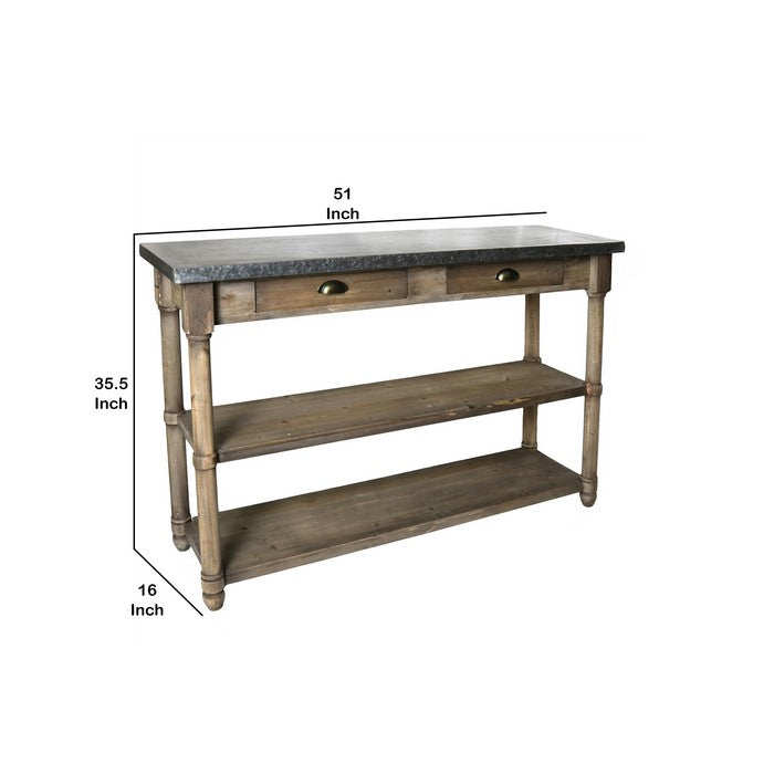 Transitional Rectangular Table with Marble Top and Open Shelves, Brown