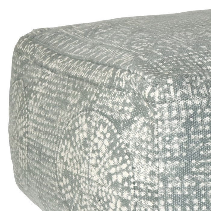 Transitional Style Rectangular Cotton Pouf with Block Print Design, Gray