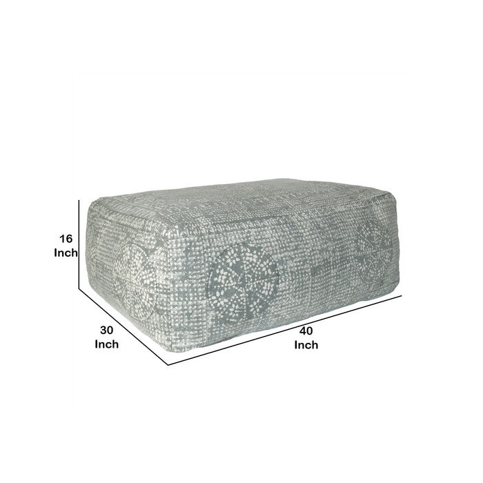 Transitional Style Rectangular Cotton Pouf with Block Print Design, Gray