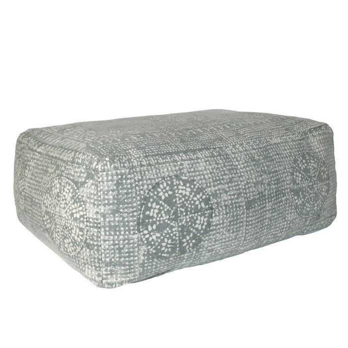 Transitional Style Rectangular Cotton Pouf with Block Print Design, Gray