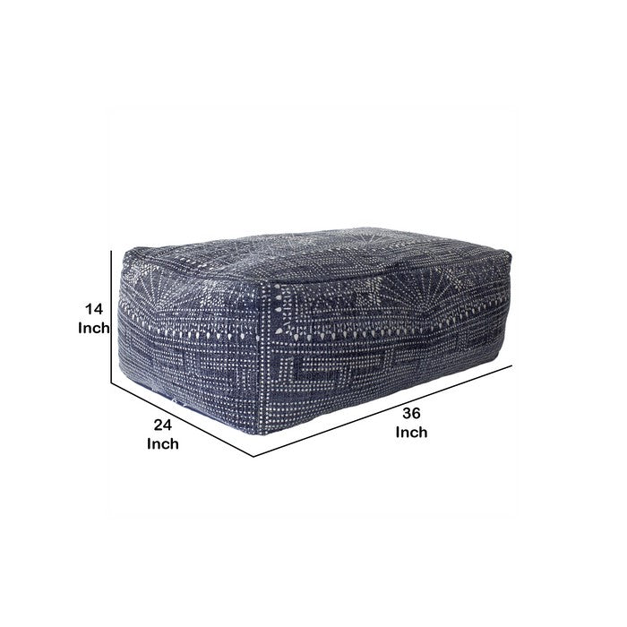 Traditional Style Thick Rectangular Pouf with Batik Print, Blue