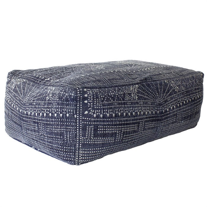 Traditional Style Thick Rectangular Pouf with Batik Print, Blue