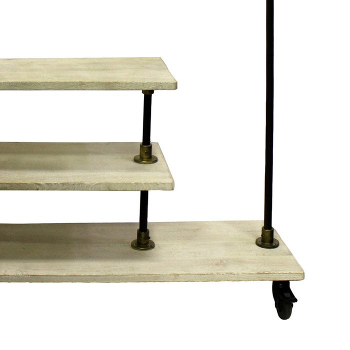 Durable Wooden Hall Tree with Iron Frame and Open Shelves, Black and White