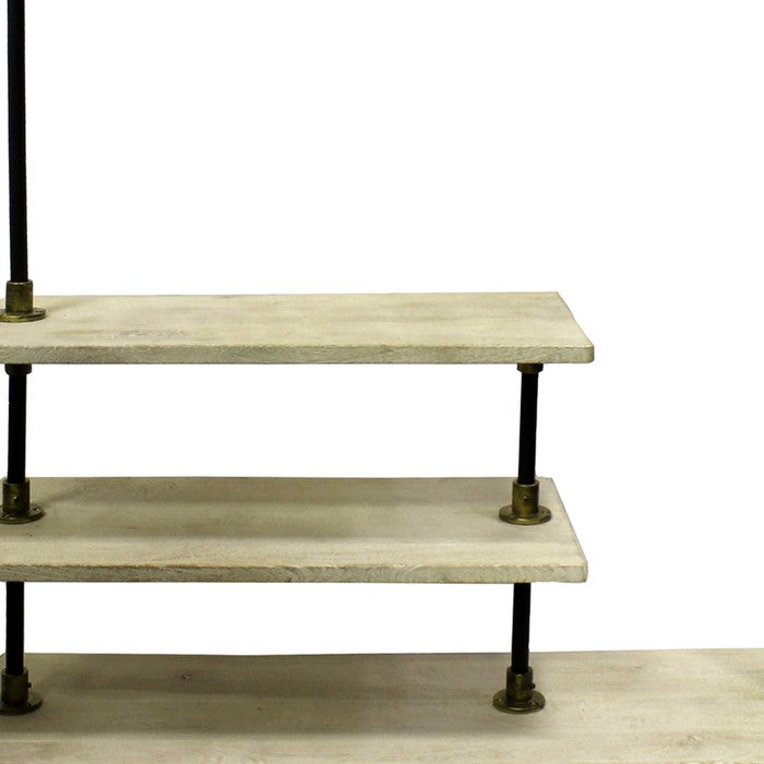 Durable Wooden Hall Tree with Iron Frame and Open Shelves, Black and White
