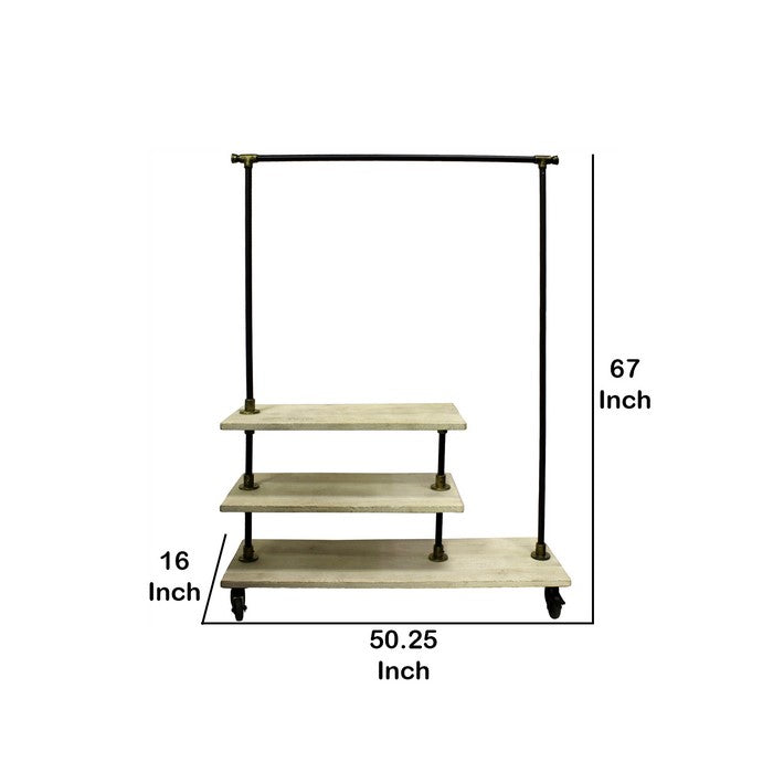 Durable Wooden Hall Tree with Iron Frame and Open Shelves, Black and White