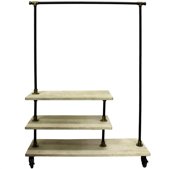 Durable Wooden Hall Tree with Iron Frame and Open Shelves, Black and White